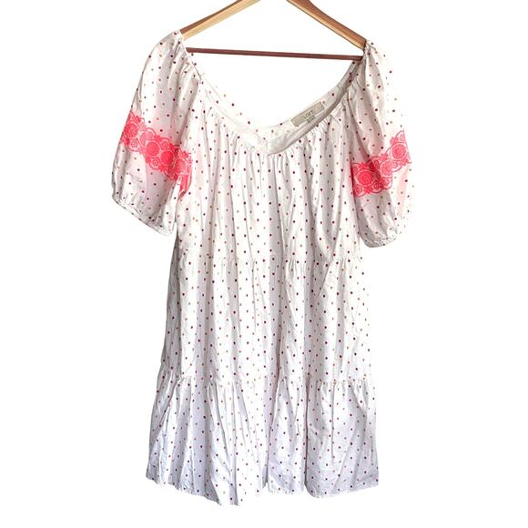 LOFT Embroidered Dot Swing Dress L White Pink V Neck Beach Travel Resort Cruise - Picture 3 of 8